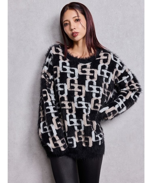 GG PATTERN MIXシャギーニットトップス