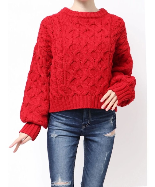 ケーブルクルーネックニットトップス