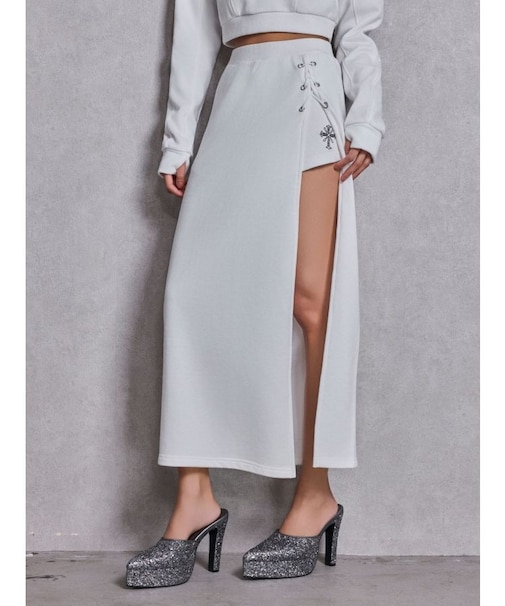 sacred edge crossレースアップロングスリットスウェットスカート