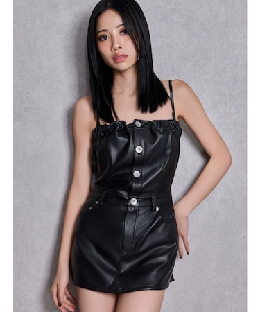 BACKリボンフェイクレザースカートライクミニワンピース