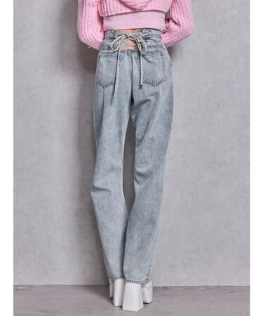 ハイウエストBACK LACE UPストレートデニムパンツ