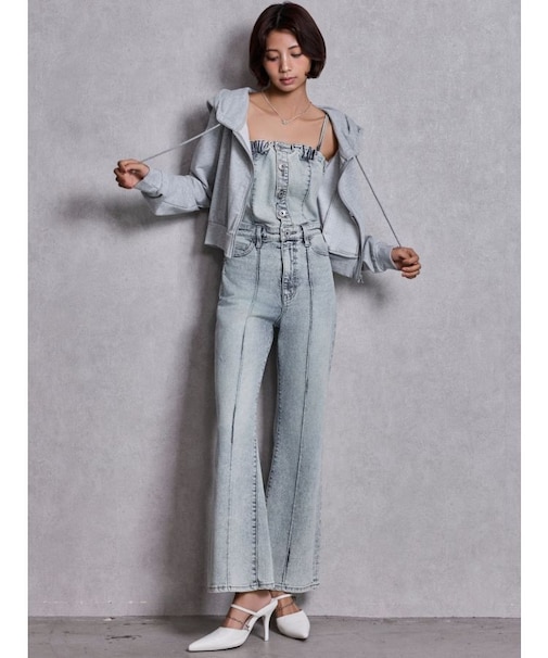 BACKリボンデニムロンパース