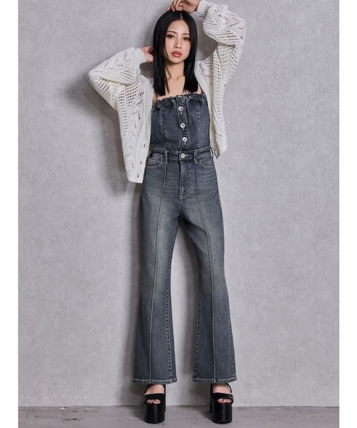 BACKリボンデニムロンパース