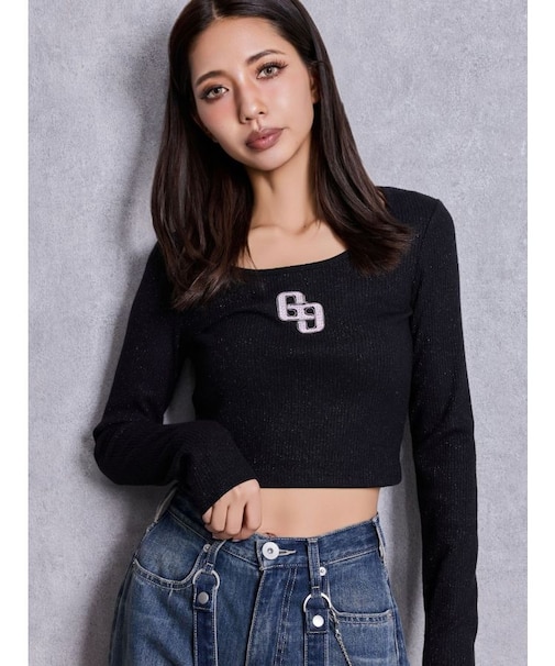 GGロゴラインストーンラメテレコトップス