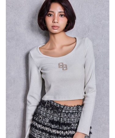 GGロゴラインストーンラメテレコトップス