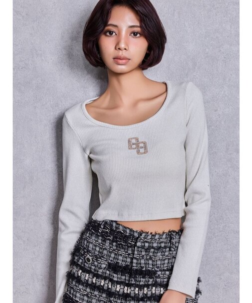 GGロゴラインストーンラメテレコトップス