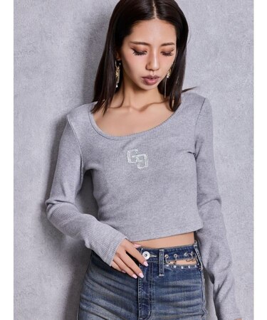 GGロゴラインストーンラメテレコトップス