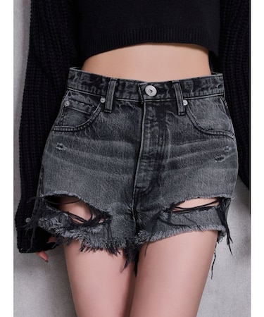 ハイウエストBACK RIPPEDデニムショートパンツ