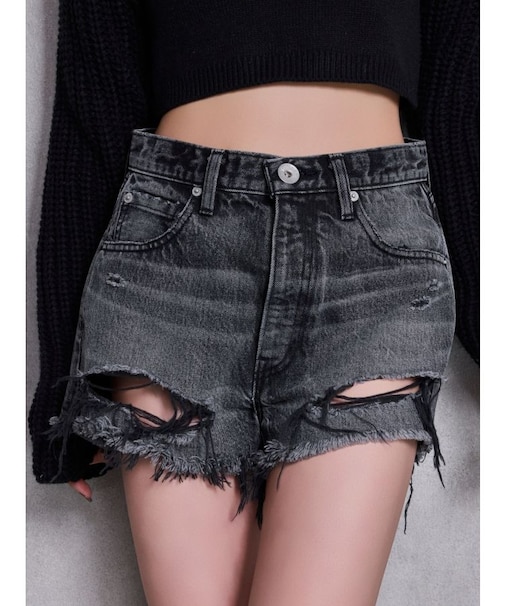 ハイウエストBACK RIPPEDデニムショートパンツ