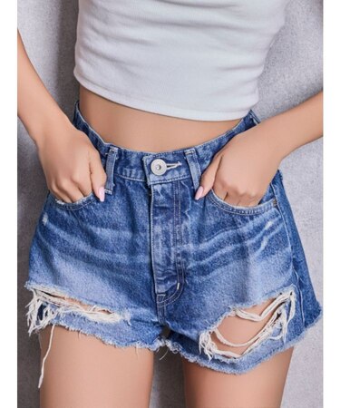 ハイウエストBACK RIPPEDデニムショートパンツ