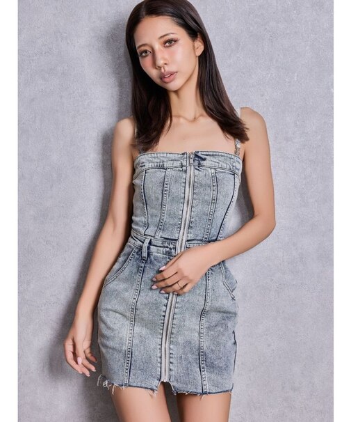 Symmetry GYDAフロントZIPスカートライクデニムタイトミニワンピース