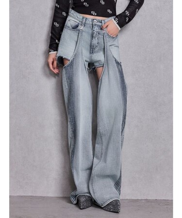 ハイウエストSymmetry GYDA 2WAYラインプリーツデニムパンツ