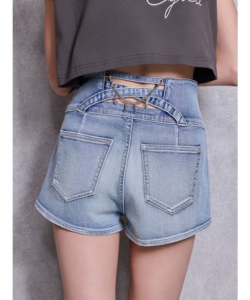 ハイウエストボタンBACKカーブクロスGYDA chainデニムショートパンツ