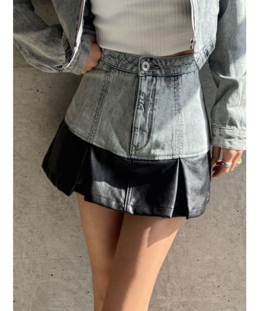 【TINY】フェイクレザードッキングデニムスカートライクショートパンツ