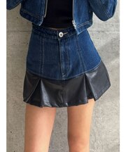 【TINY】フェイクレザードッキングデニムスカートライクショートパンツ