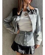 【TINY】フェイクレザードッキングデニムZIPショートジャケット