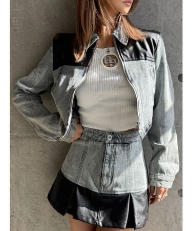 【TINY】フェイクレザードッキングデニムZIPショートジャケット