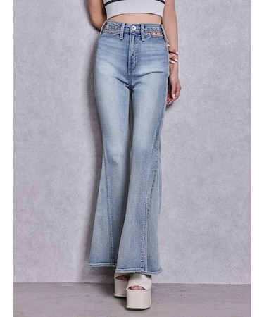 ハイウエストopen ring bijou studsデザインフレアデニムパンツ