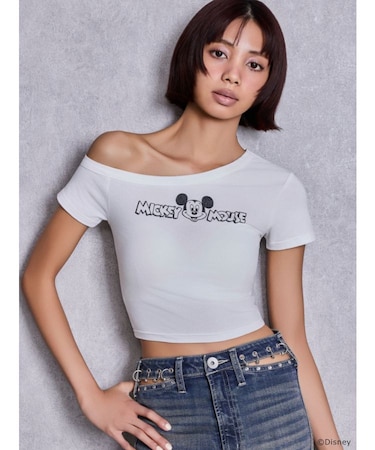 GYDA/Disney/ラメプリントワンショルダーTシャツ