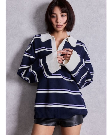 スキッパーPOLOボーダーニットトップス