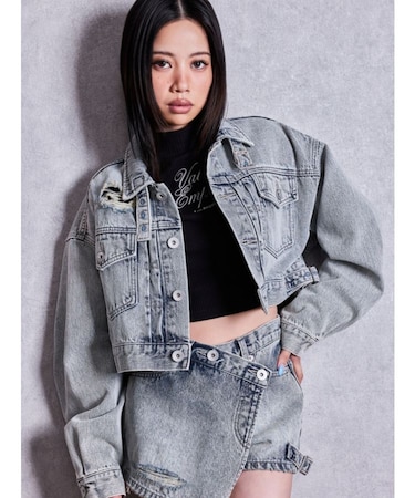 belt collarダメージショートデニムGジャン