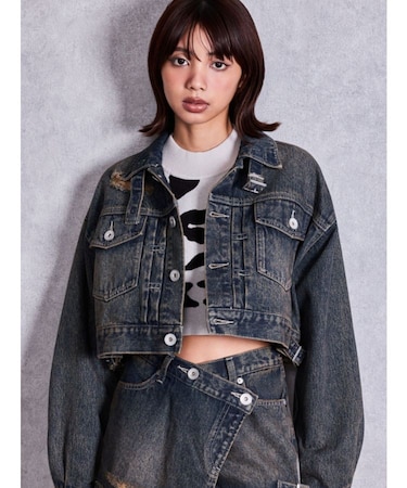 belt collarダメージショートデニムGジャン