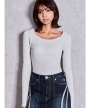 クルーネックリブニットトップス