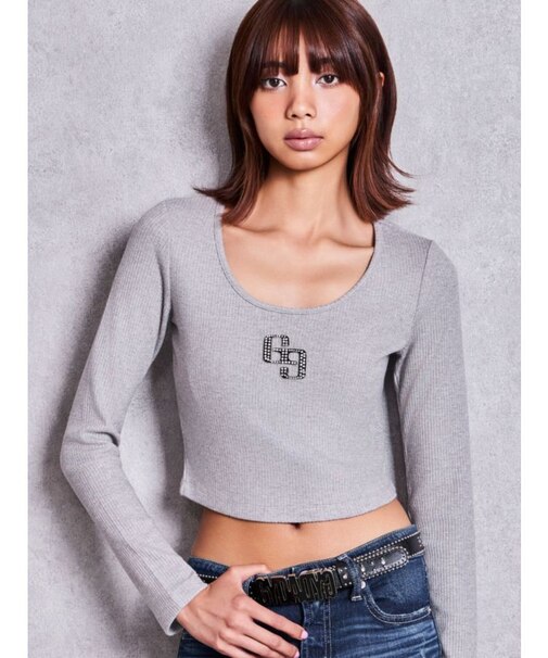GGロゴラインストーンラメテレコ long sleeveトップス