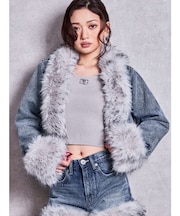 フェイクファーショールカラーショートデニムジャケット