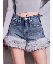 ハイウエスト2WAY HEMフェイクファーデニムショートパンツ