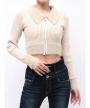 W ZIPシャギーリブニットトップス