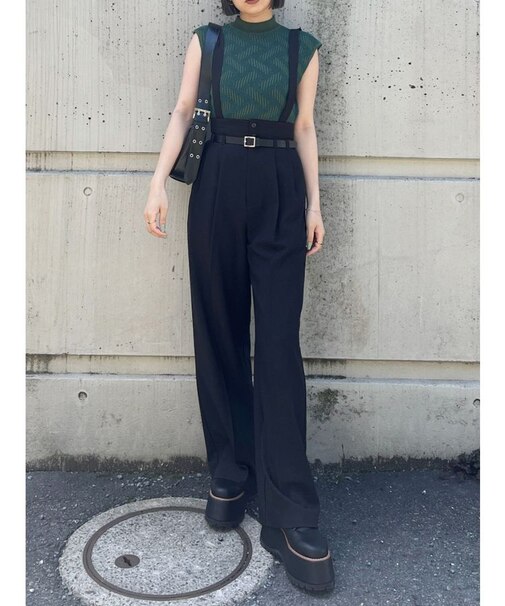 フェイクレザーベルトサスペンダーパンツ