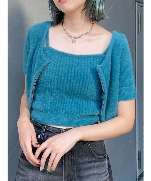 シャギージップカーデ×キャミSET