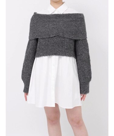 オフショルニット×ミニシャツワンピSET