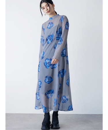 ニュアンスフラワープリントワンピース