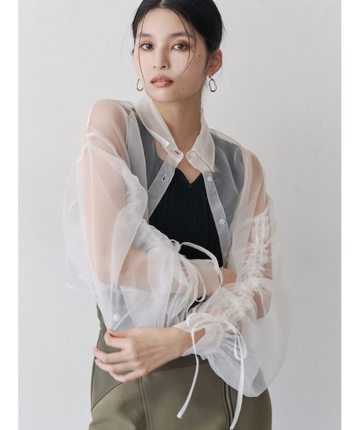 リボンドロストスリーブシャイニーシアーシャツ