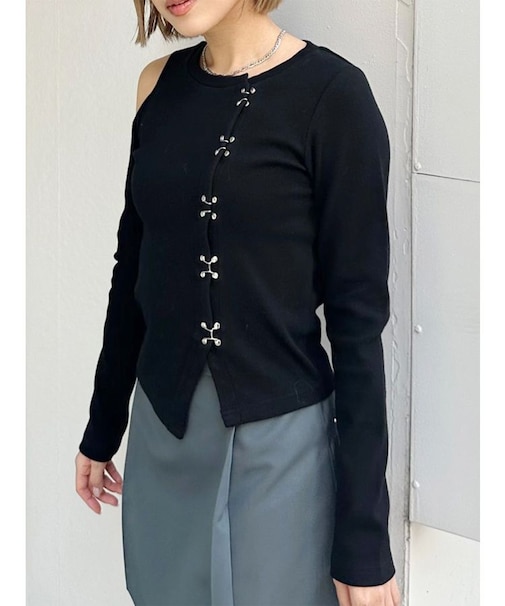 ホックアシメリブトップス