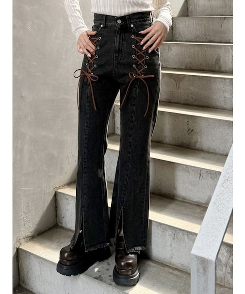 レースアップフレアデニム
