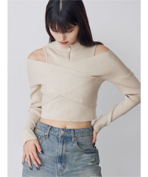 カシュクールハーフジップトップス