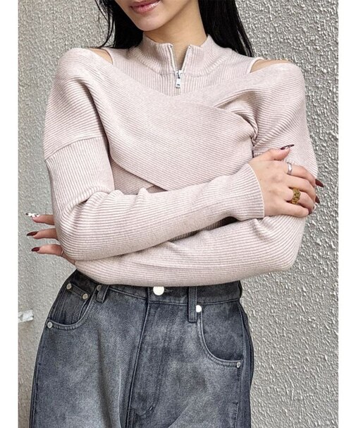 カシュクールハーフジップトップス