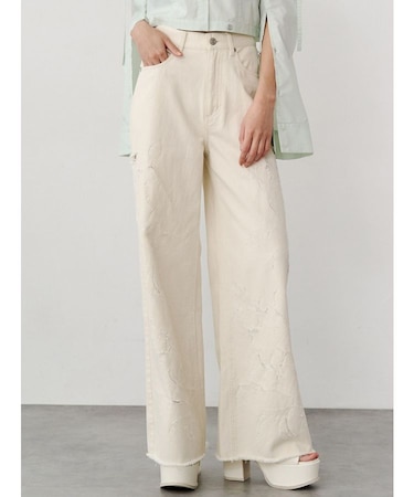 ダメージフラワーワイドデニム