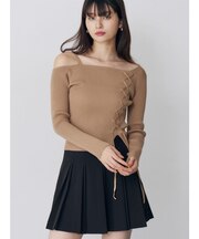 ワンショルダーレースアップニット