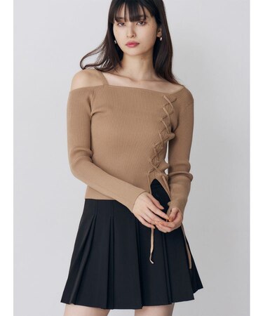 ワンショルダーレースアップニット