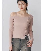 ワンショルダーレースアップニット