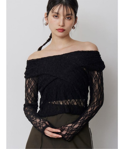レースカシュクールオフショルトップス