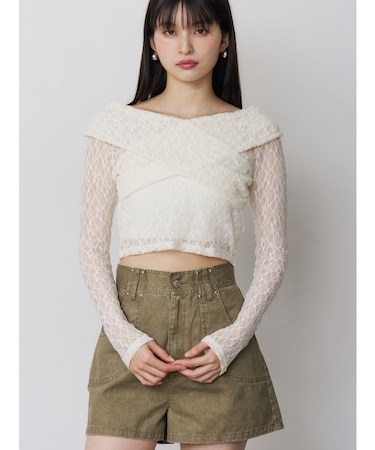 レースカシュクールオフショルトップス