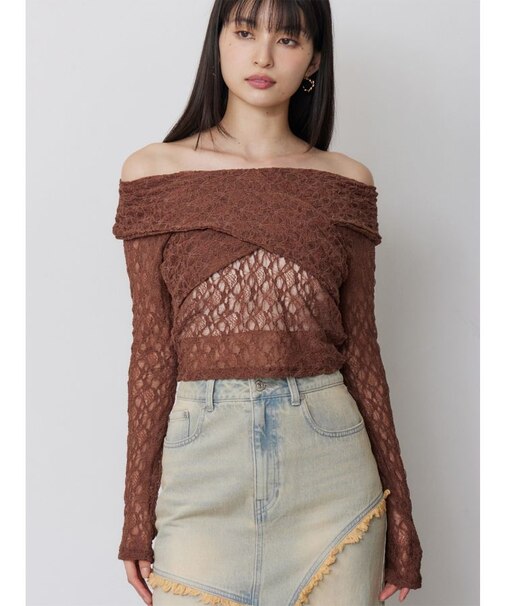 レースカシュクールオフショルトップス