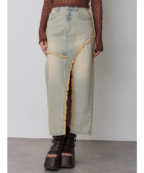 フリンジスリットデニムスカート【セットアップ着用可】