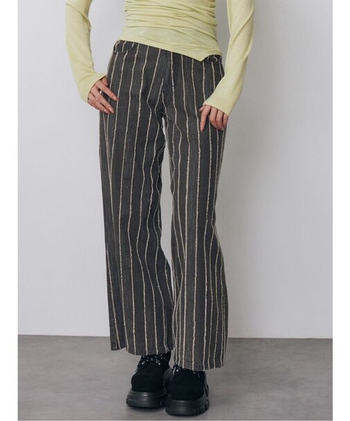 ストライプフリンジハイウエストデニムパンツ