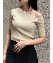 レースドッキングワンショルダーニット